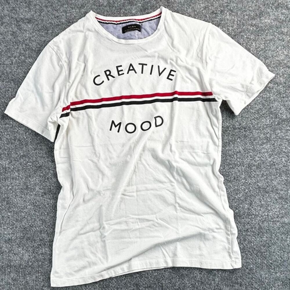 Zara Men’s S Creative Mood Graphic T-Shirt White Red Black Racing Stripe